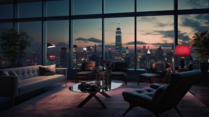 Generative AI illustration of modern living room with couch and armchairs near coffee table with glowing lamps against panoramic windows overlooking evening city with skyscrapers