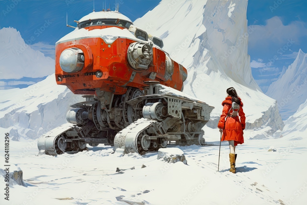 Poster a man standing in front of a giant robot in the snow. generative ai.