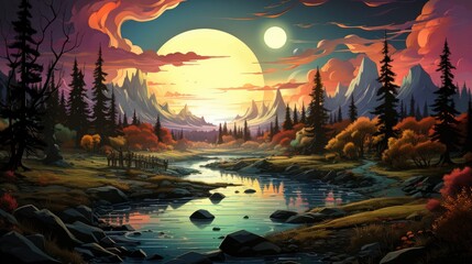 A painting of a mountain landscape with a river in the foreground. Generative AI.
