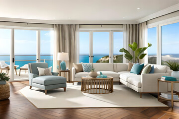 Interior design of a coastal chic living room that exudes a relaxed and sophisticated beachside vibe.