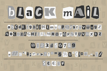 Gray ransom collage style letters numbers and punctuation marks cut from newspapers and magazines. Vintage ABC collection. Red, white and black punk alphabet Typography vector illustration