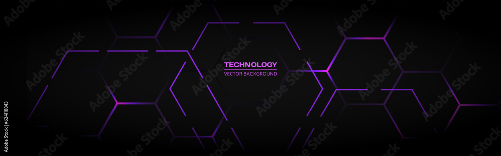 Aufkleber Technology black wide vector abstract background with purple hexagonal elements. Abstract hexagon gaming horizontal banner. Vector illustration