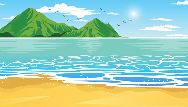 Tropical blue sea and a sand beach with mountain on horizon, vector background