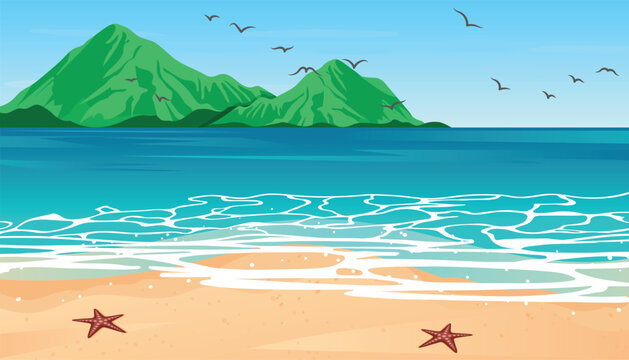 Tropical blue sea and a sand beach with mountain on horizon, vector background