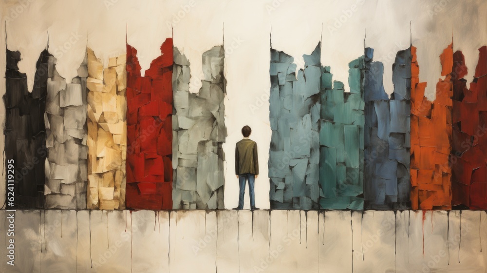 Poster a painting of a man standing in front of a row of tall buildings. generative ai. visualization of ge