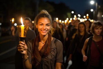 A woman holding a lit candle in front of a crowd of people. Generative AI.