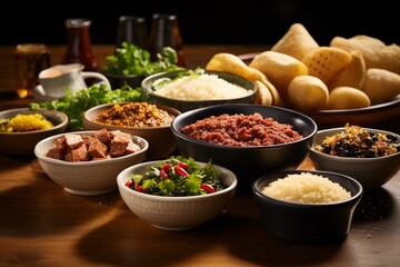 A Mouthwatering Spread of Brazilian Food: Feijoada, Pão de Queijo, Coxinha and Brigadeiros, Created with Generative AI