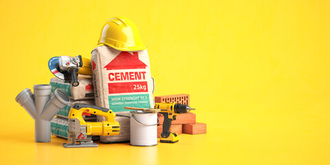 Construction materials and tools on yellow background. 3