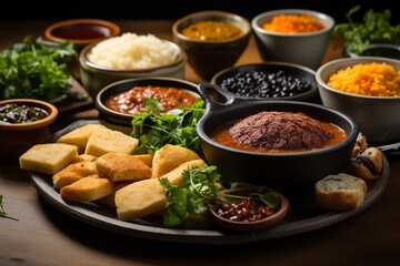 A Mouthwatering Spread of Brazilian Food: Feijoada, Pão de Queijo, Coxinha and Brigadeiros, Created with Generative AI