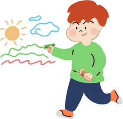 Cute girl kid enjoy with paint drawings on canvas. Funny cartoon character for deculation.