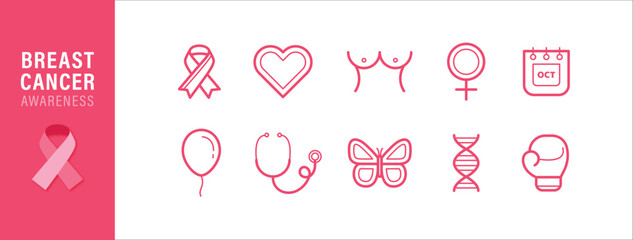 Women breast cancer awareness symbol outline icon set including pink ribbon in isolated white background vector design