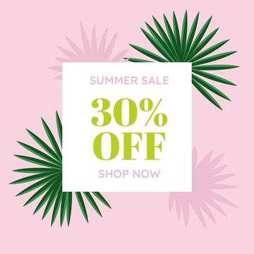 Summer sale banner with tropical leafs.Online shopping