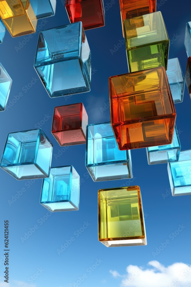 Poster a bunch of colorful cubes floating in the air. generative ai.