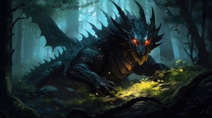 Illustration of a mysterious creature with glowing eyes lurking in a dark forest, black dragon in the magic forest, created with Generative Ai Technology