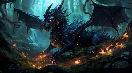 Illustration of a majestic black dragon in the heart of a mystical forest, created with Generative Ai Technology