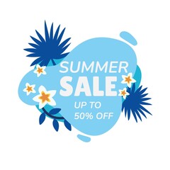 Naklejka premium Summer sale and discount sticker with leaf and flowers.Hot season clearance price tag.Invitation for online shopping with 50 percent price off