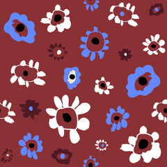 Vector children's bright seamless pattern with flowers on a red background. Ideal for baby prints, textiles, wallpapers, wrapping paper, scrapbooking.