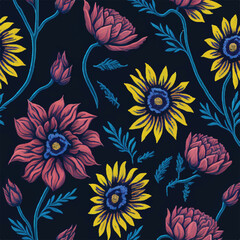 Fototapeta na wymiar Abstract vintage-inspired seamless floral wildflowers bouquet pattern in vector design. Nostalgic blossoms