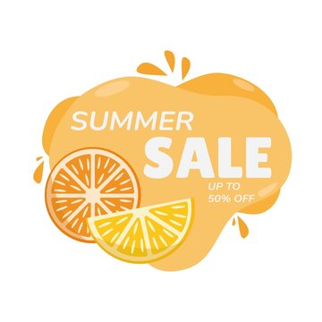 Summer sale and discount sticker with orange slices.Hot season clearance price tag.Invitation for online shopping with 50 percent price off,template for design.