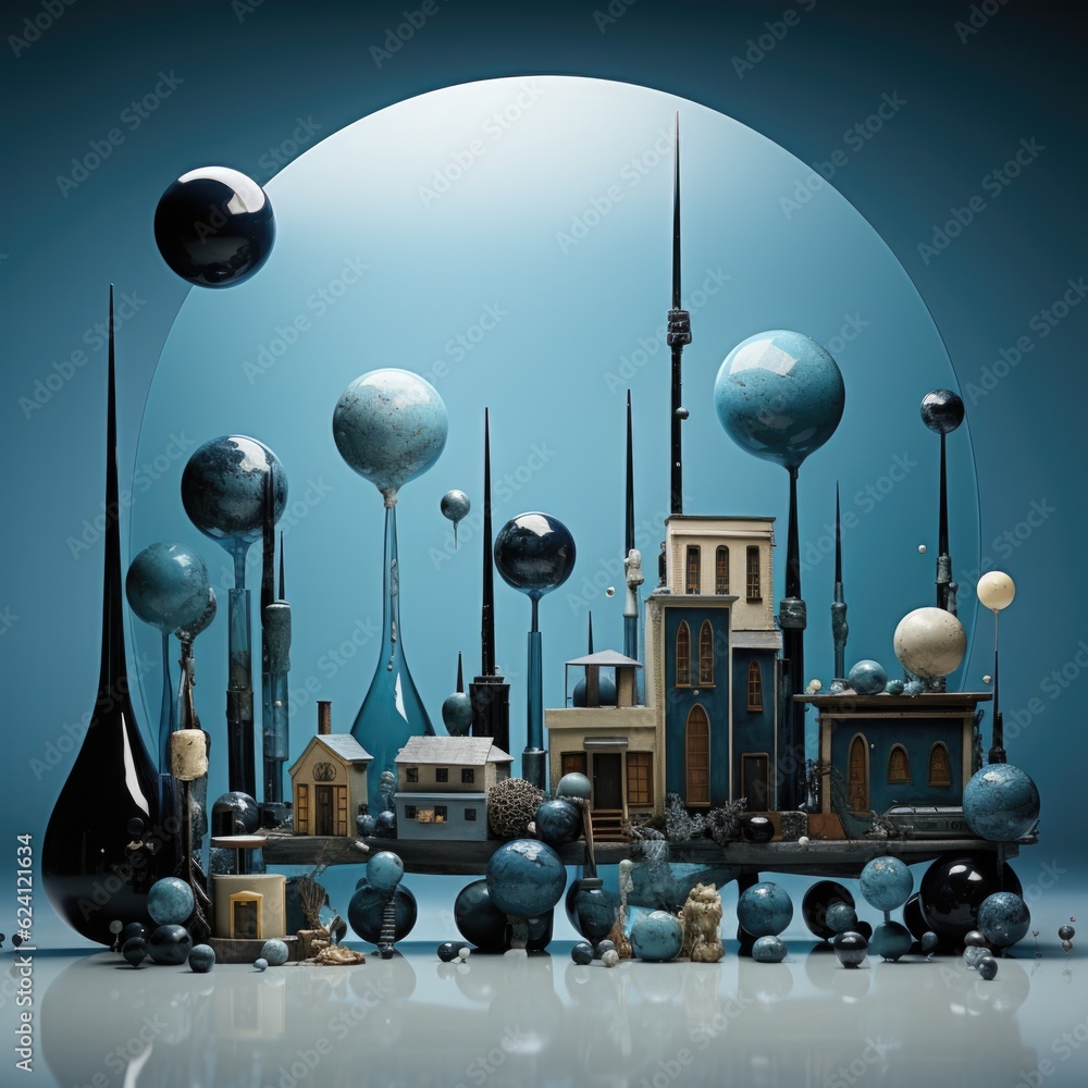 Poster a group of blue and white objects sitting on top of a table. generative ai. surreal whimsical landsc