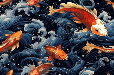 Photo seamless pattern with koi fishes