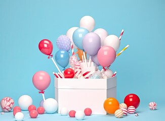Illustration of a vibrant display of colorful balloons inside a white box for birthday and celebration concept, created with Generative Ai Technology