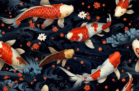 Photo seamless pattern with koi fishes