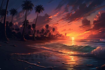 Illustration of a picturesque sunset on a tropical beach with swaying palm trees, created with Generative Ai Technology