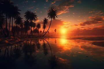 Fototapeta premium Illustration of a stunning sunset with palm trees reflecting in the water, created with Generative Ai Technology