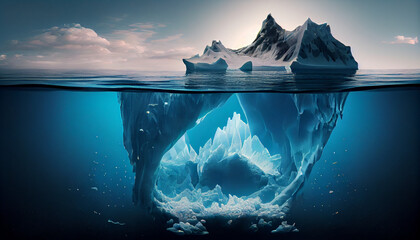 Fototapeta na wymiar Iceberg in polar regions. Underwater image of an iceberg with a stunning, translucent sea and the concepts of global warming, Ai generated image 