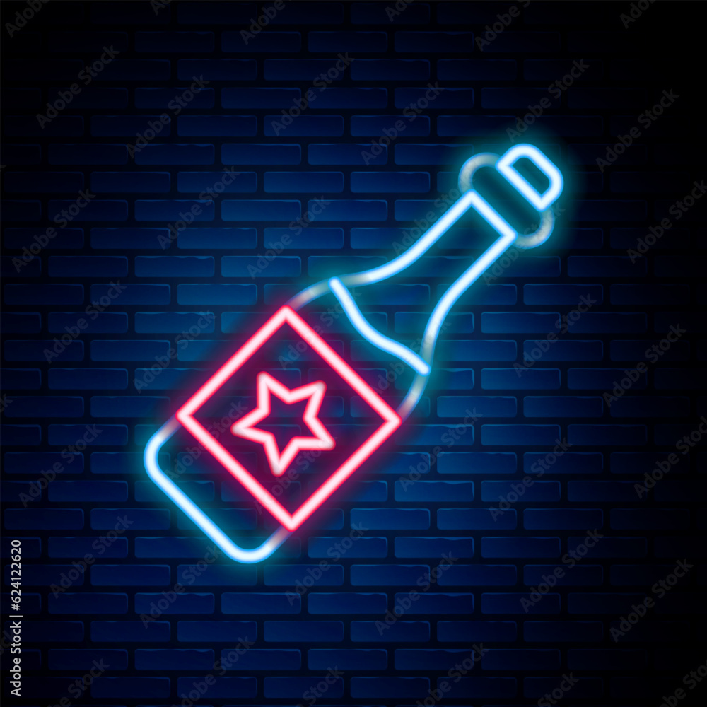 Sticker Glowing neon line Champagne bottle icon isolated on brick wall background. Merry Christmas and Happy New Year. Colorful outline concept. Vector