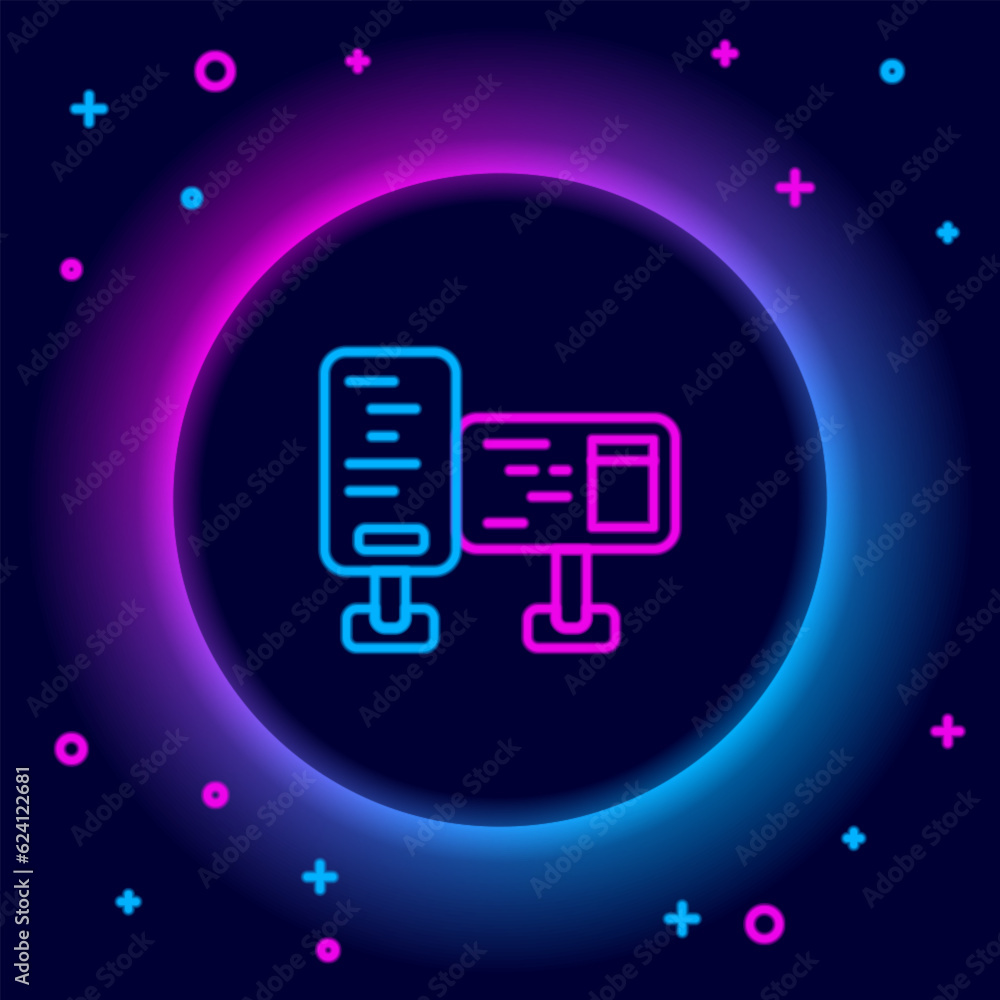 Poster glowing neon line computer monitor screen icon isolated on black background. electronic device. fron