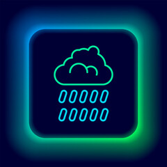 Glowing neon line Cloud with rain icon isolated on black background. Rain cloud precipitation with rain drops. Colorful outline concept. Vector