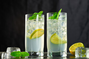 Two glasses of mojito cocktail with lime slices and mint on a dark background.Low angle view. Studio shot.