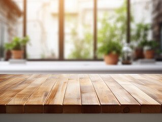 empty white wood table on blur kitchen background