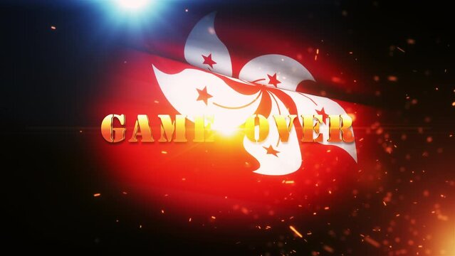 Game Over gold text motion with fire burst and golden particles cinematic trailer title background with Hongkong flag background.