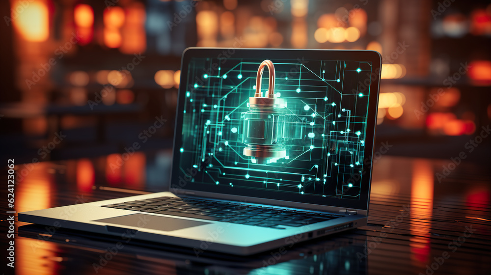 Poster a laptop with a padlock on the screen. generative ai. cyber security concept.