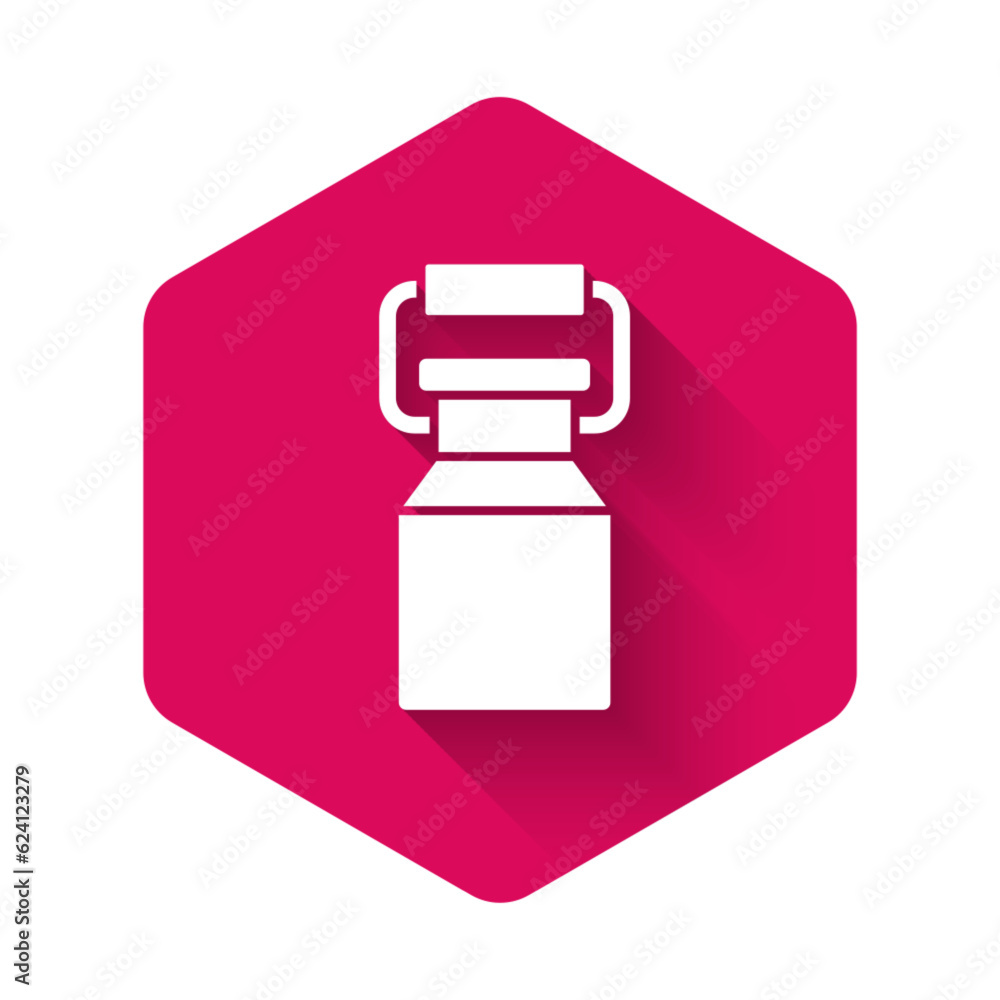 Poster white can container for milk icon isolated with long shadow. pink hexagon button. vector