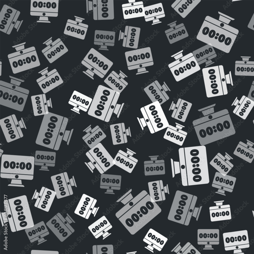 Poster grey clock on computer monitor screen icon isolated seamless pattern on black background. schedule c