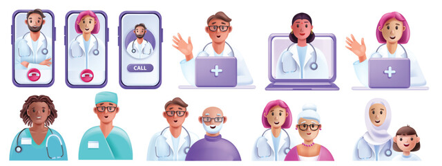 Fototapeta premium 3D online doctor vector telemedicine concept, medical video call man woman therapist avatar, patient. Virtual internet patient digital remote health care service. Online doctor support, smartphone
