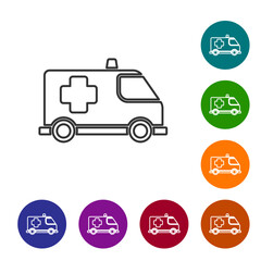 Black line Ambulance and emergency car icon isolated on white background. Ambulance vehicle medical evacuation. Set icons in color circle buttons. Vector.