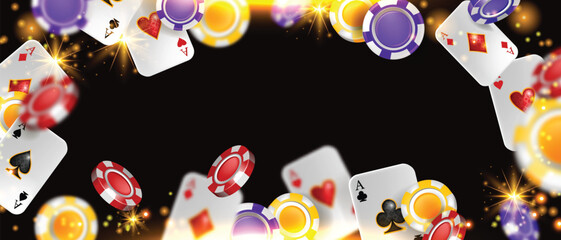 Casino background, vector VIP poker gambling game poster, flying chips, playing cards Vegas banner. Online blackjack lucky frame, success gaming illustration. Entertainment casino luxury background