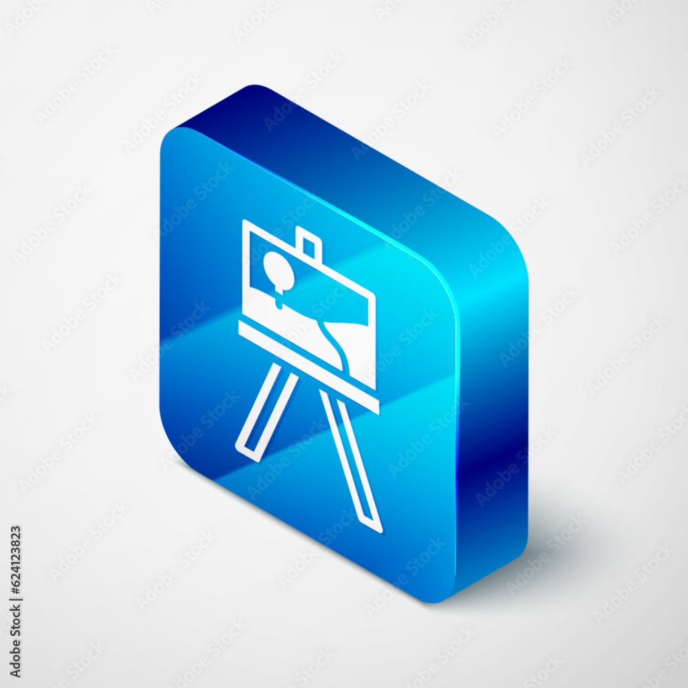 Sticker Isometric Wood easel or painting art boards icon isolated on grey background. Blue square button. Vector