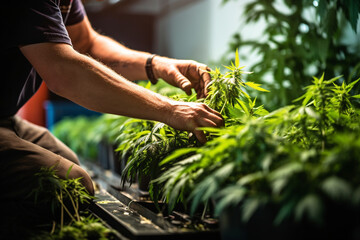 Skilled Hands Trimming Cannabis Plant in a Modern Light Industrial Indoor Marijuana Farm - High-Quality Stock Image Capturing the Art of Cannabis Cultivation and Processing for Medical and Recreationa - obrazy, fototapety, plakaty