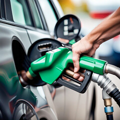Gas pump person pumping fuel filling car tank at gas station. Man hand holding nozzle refuel. Price of gasoline. Stock image.