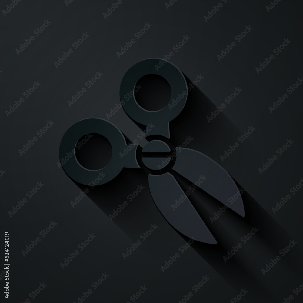 Poster paper cut scissors icon isolated on black background. cutting tool sign. paper art style. vector