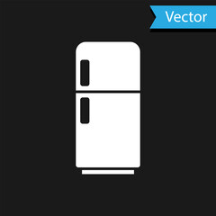 White Refrigerator icon isolated on black background. Fridge freezer refrigerator. Household tech and appliances. Vector