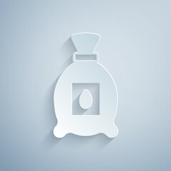 Paper cut Pack full of seeds of a specific plant icon isolated on grey background. Paper art style. Vector