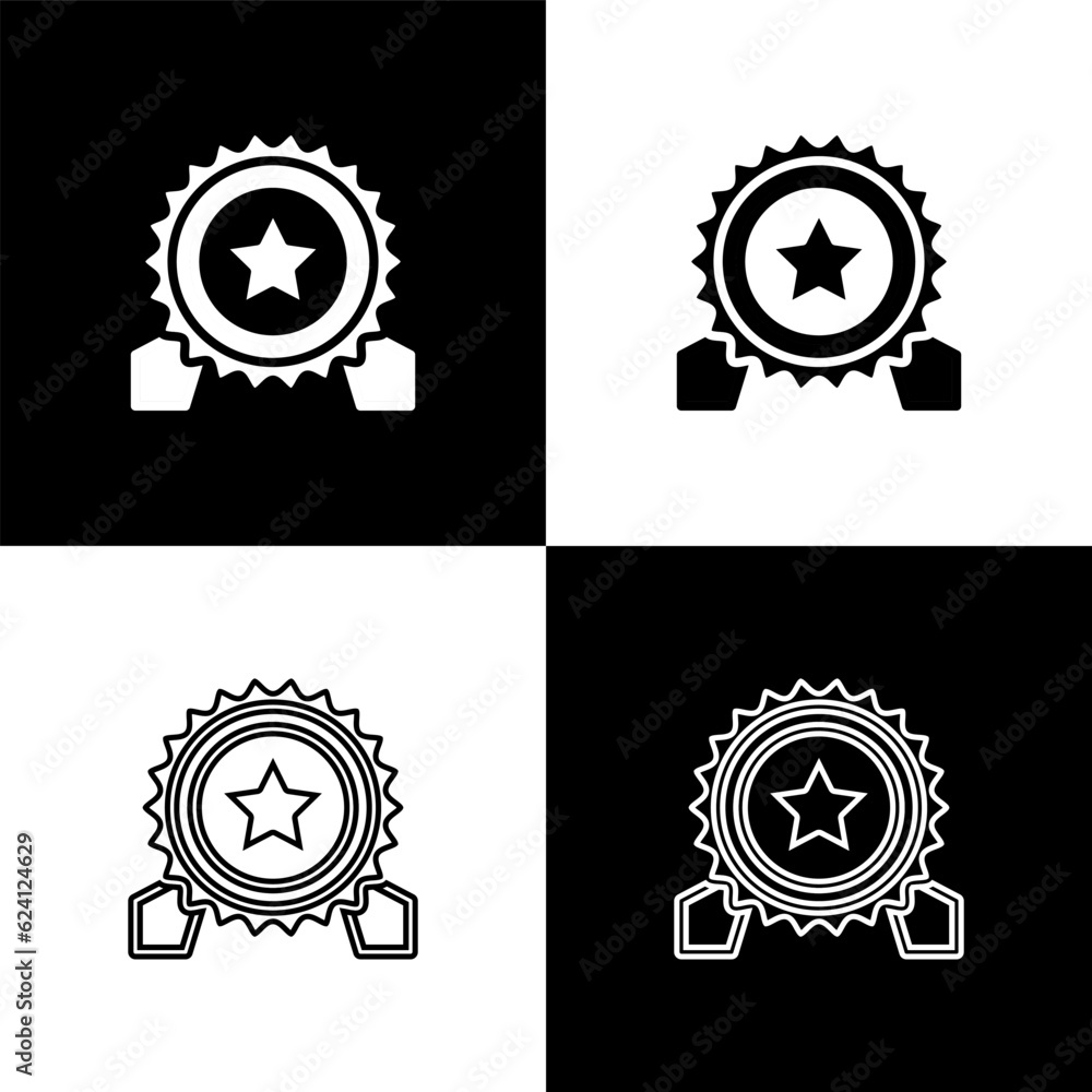 Sticker Set Medal with star icon isolated on black and white background. Winner achievement sign. Award medal. Vector