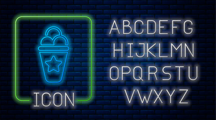 Glowing neon Ice cream in waffle cone icon isolated on brick wall background. Sweet symbol. Neon light alphabet. Vector